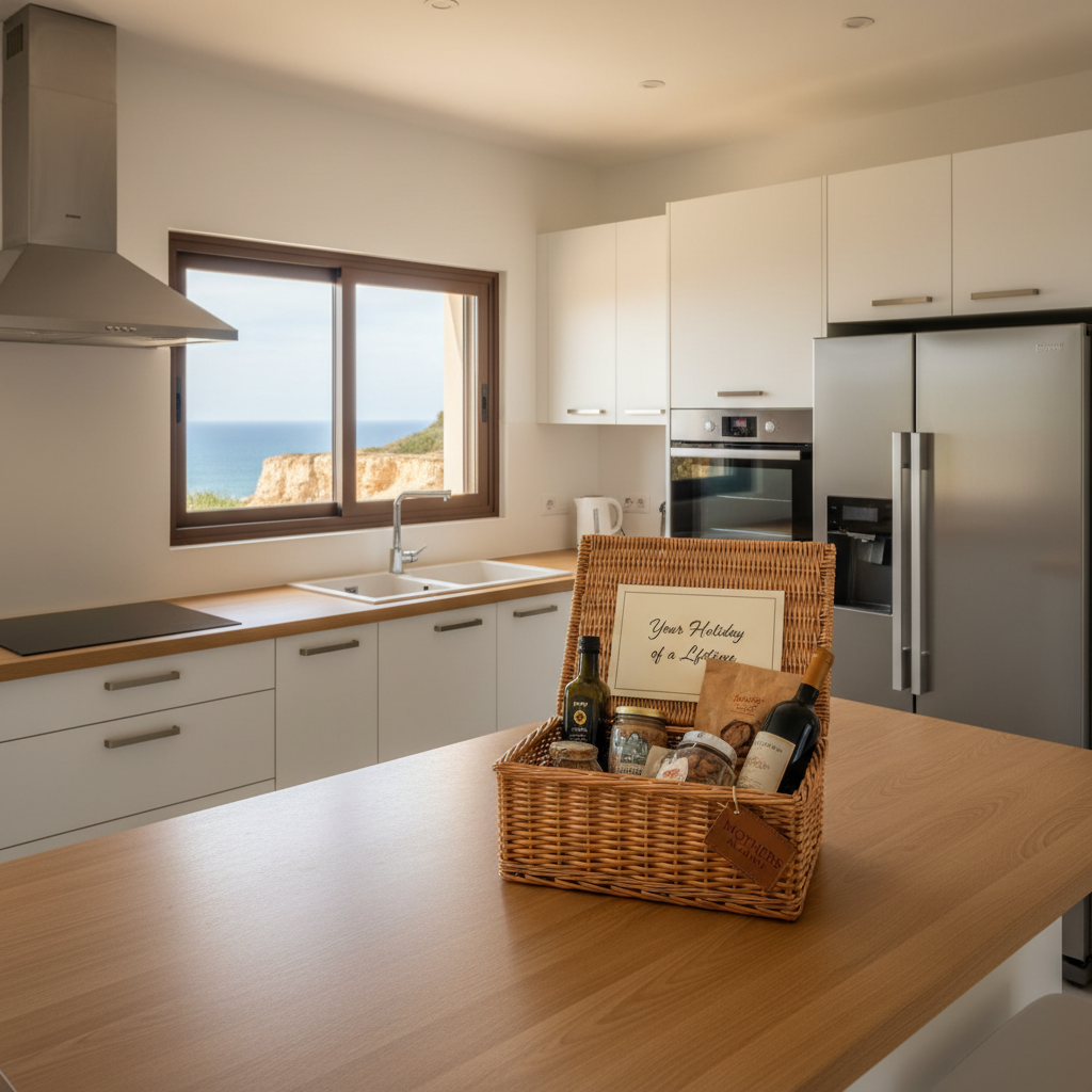 A tidy, well-equipped kitchen in a coastal Algarve villa, featuring matte white cabinetry, light oak countertops, and stainless-steel appliances. On the central island, a carefully curated welcome hamper sits open with local non-perishable products, a printed list titled “Your Holiday of a Lifetime,” and a discreet branded MOTHERS ALGARVE tag. Outside the window, blurred cliffs and ocean hints suggest the Lagos–Sagres coastline. Soft, diffused midday natural light streams in, highlighting subtle textures of the wicker basket and polished surfaces. Photographic realism, eye-level composition following the rule of thirds, creating a warm yet professional atmosphere that reflects thoughtful, honest hosting without any people present.