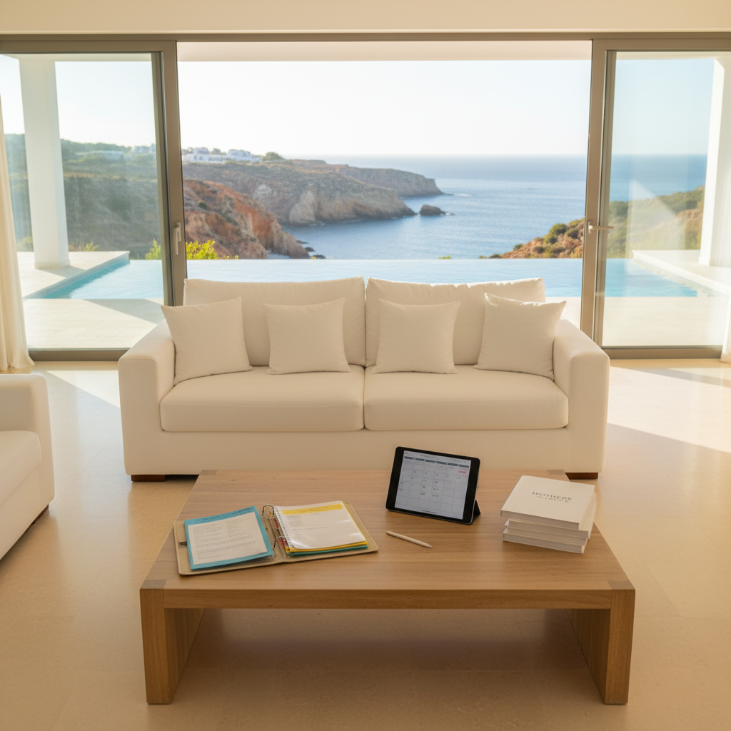 A sunlit open-plan living room of a modern Algarve holiday home, with pale stone floors, a clean white sofa, and a low wooden coffee table. On the table lies an organized hosting folder with color-coded tabs, a digital tablet displaying a booking calendar, and a neatly stacked set of house manuals branded “MOTHERS ALGARVE.” Through the glass doors, a turquoise swimming pool and rugged Algarve coastline are visible, softly blurred. Natural golden morning light fills the space, creating soft reflections on the tablet screen. Photographic realism, shot from a slightly elevated angle with balanced composition, conveying a sense of seamless, professional behind-the-scenes management that lets owners relax while guests enjoy their stay.