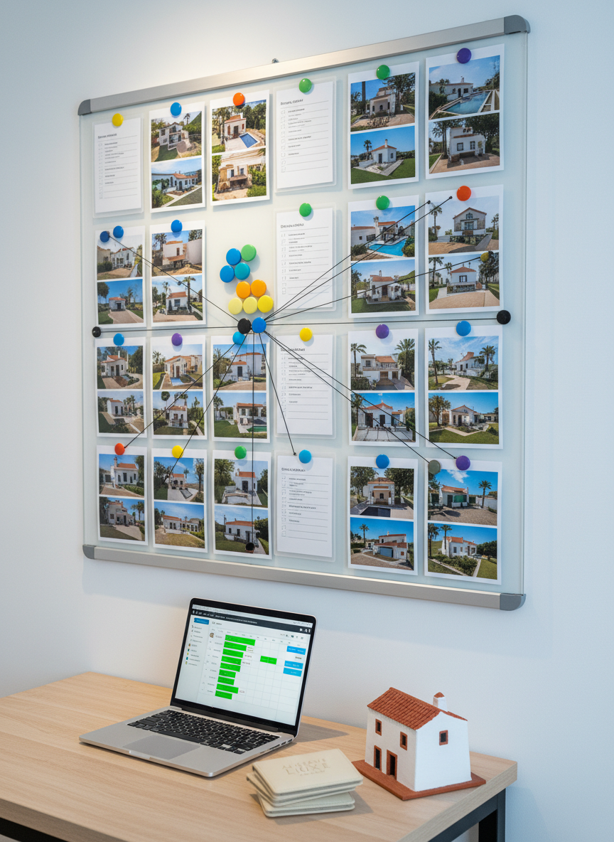 A large wall-mounted planning board in a minimalist office space, filled with neatly arranged property photos, printed checklists, and color-coded magnets representing different Algarve towns between Lagos and Sagres. On the desk below, a sleek laptop shows a detailed booking schedule, beside a stack of branded property key wallets and a small model of a whitewashed Algarve house. Cool, even studio-style lighting creates clear visibility of every element, with subtle shadows adding depth. Photographic realism, captured from a slightly elevated, three-quarter angle, evoking a sense of meticulous organization, reliability, and professional local hosting support working silently in the background for holiday homeowners.