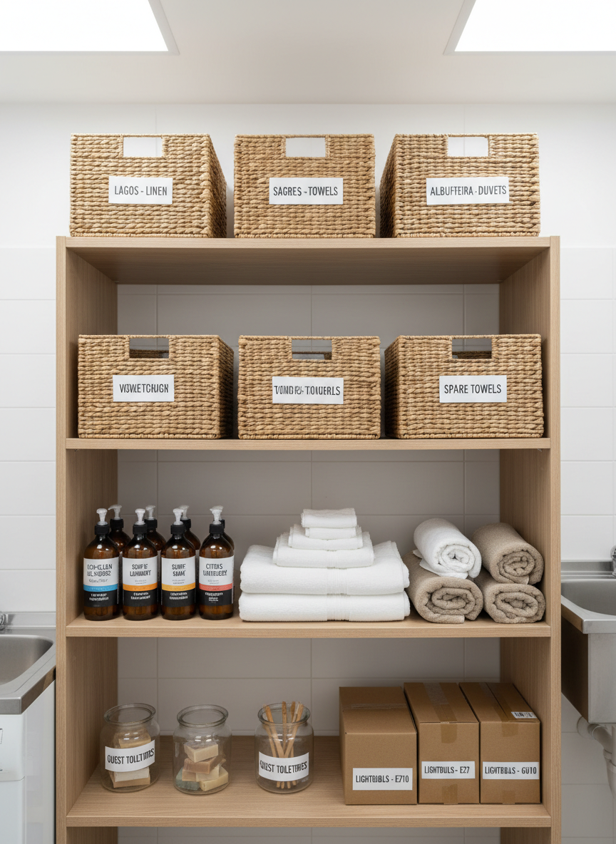 A neatly organized storage shelf inside a service area of a holiday property in the Algarve, stacked with labeled linen baskets, eco-friendly cleaning supplies, and backup amenities such as spare towels, toiletries, and lightbulbs. Each label is clear and professional, with some referencing specific properties or zones like “Lagos” and “Sagres.” The space is illuminated by bright, even overhead lighting that emphasizes cleanliness and order, casting crisp, subtle shadows behind each object. Photographic realism, shot straight-on with sharp focus throughout, creating a calm, efficient, behind-the-scenes atmosphere that embodies honest, diligent hosting support that lets property owners reclaim their time.