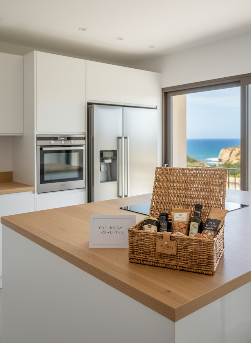 A tidy, well-equipped kitchen in a coastal Algarve villa, featuring matte white cabinetry, light oak countertops, and stainless-steel appliances. On the central island, a carefully curated welcome hamper sits open with local non-perishable products, a printed list titled “Your Holiday of a Lifetime,” and a discreet branded MOTHERS ALGARVE tag. Outside the window, blurred cliffs and ocean hints suggest the Lagos–Sagres coastline. Soft, diffused midday natural light streams in, highlighting subtle textures of the wicker basket and polished surfaces. Photographic realism, eye-level composition following the rule of thirds, creating a warm yet professional atmosphere that reflects thoughtful, honest hosting without any people present.