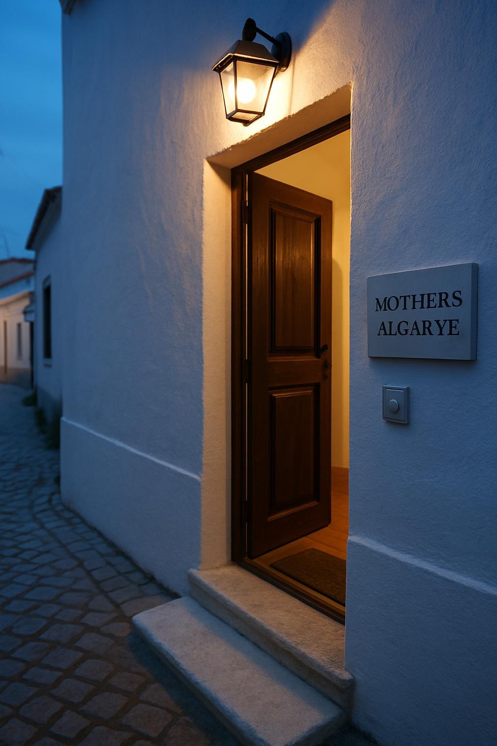 A twilight exterior view of a whitewashed Algarve townhouse façade, its stone doorstep freshly cleaned and a subtle MOTHERS ALGARVE plaque fixed neatly beside the doorbell. The solid wooden door is slightly ajar to reveal a warmly lit hallway and a neatly placed welcome mat inside. The narrow cobbled street outside is softly blurred, with hints of other coastal homes. The scene is illuminated by a mix of cool blue evening ambient light and a warm porch lantern, creating an inviting contrast. Photographic realism, shot from a low, slightly angled perspective, conveying dependable, local, on-the-ground hosting care that quietly prepares properties for guests’ arrival.