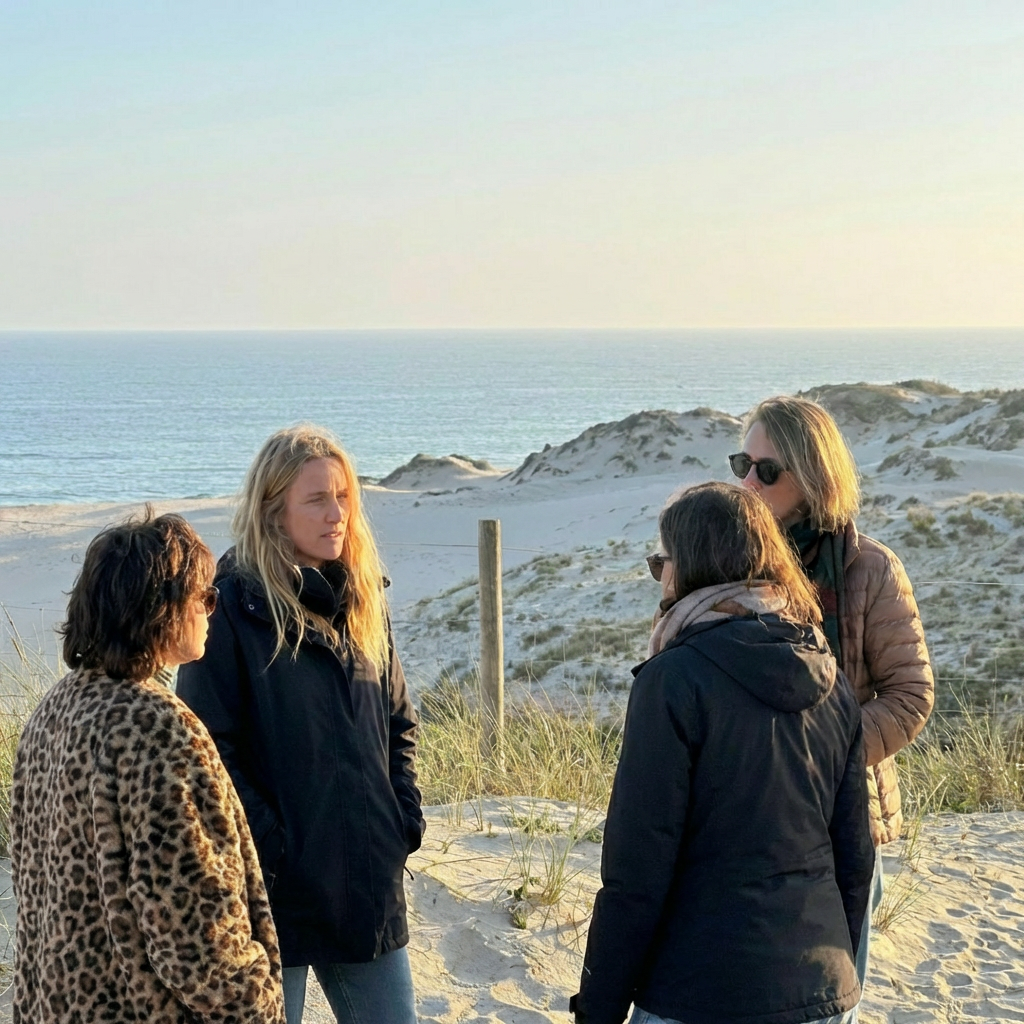 Five women standing in a circle talking on a sand dune overlooking the beach.
