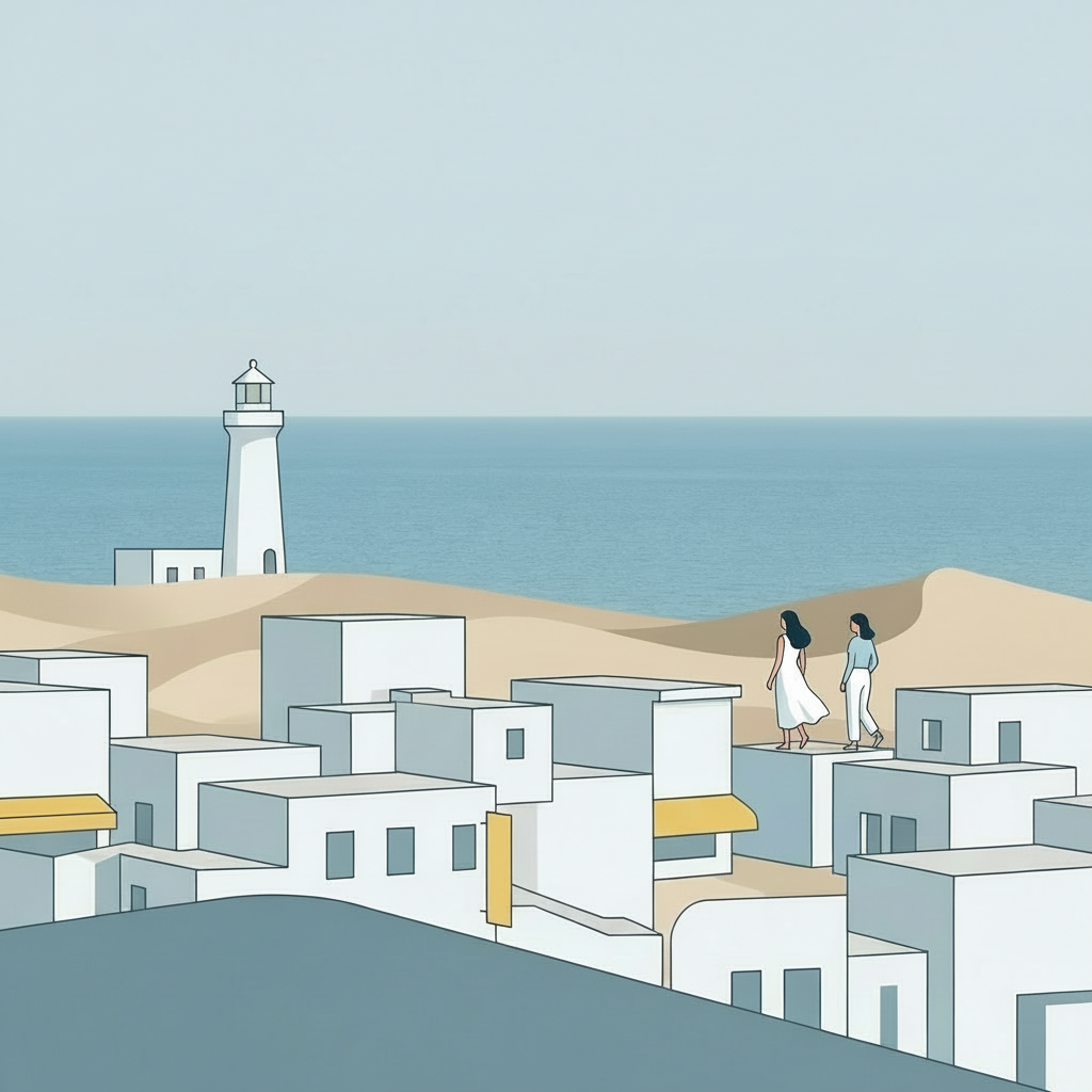 Minimalist illustration of two women on white rooftops overlooking a sea and lighthouse.