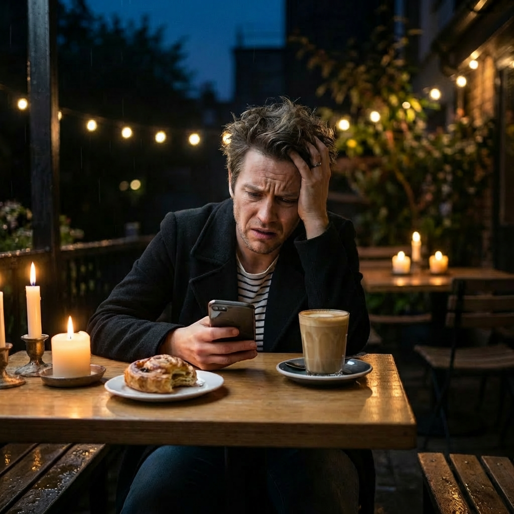 Distressed woman looking at her phone while sitting at a cafe table on a rainy day.